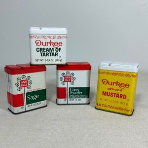 Four Vintage Metal Spice Tins Ann Page, Durkee Farmhouse Cottagecore